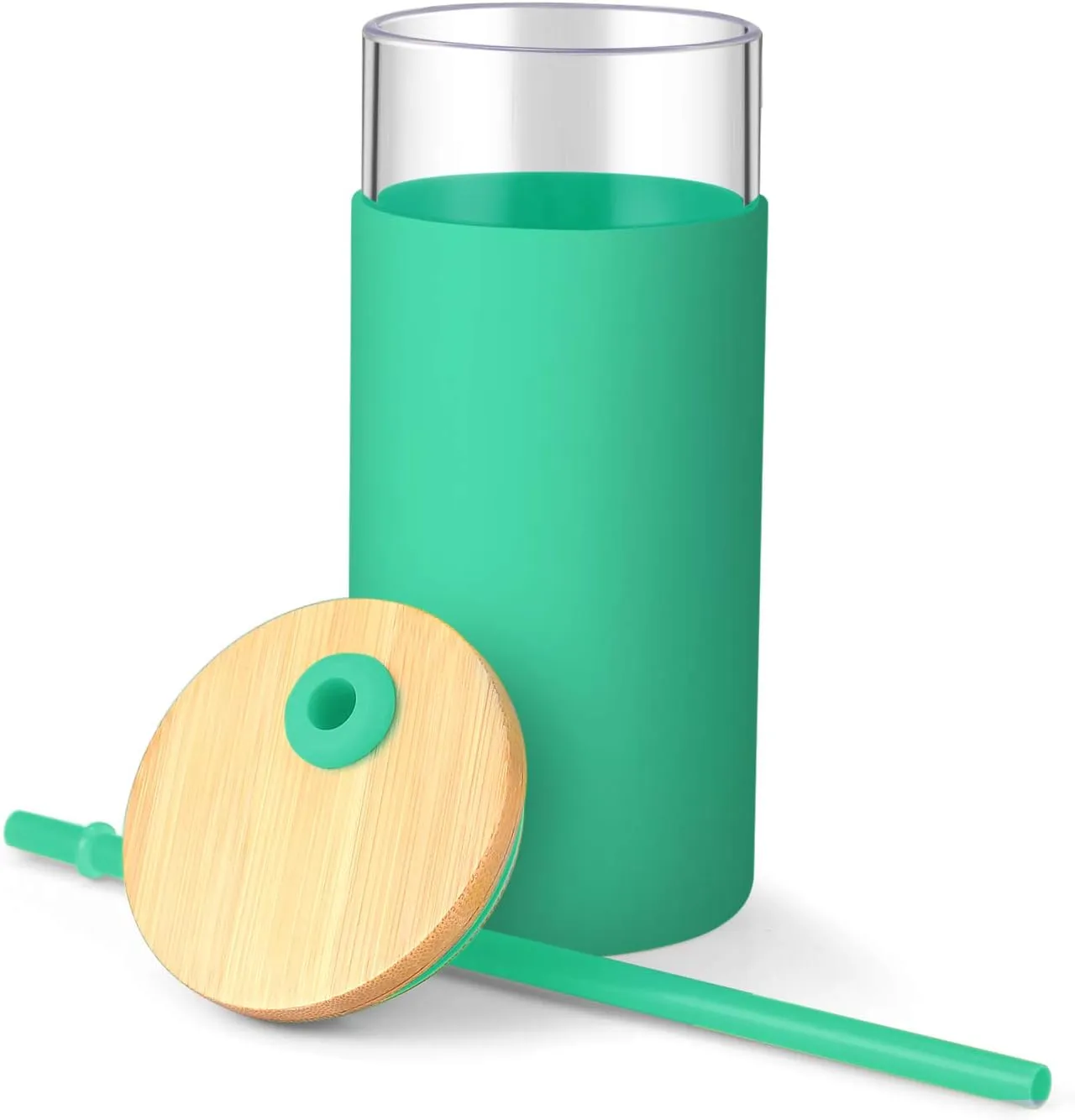 Tronco 20oz Glass Tumbler Glass Water Bottle Straw Silicone Protective Sleeve Bamboo Lid - BPA Free (Gress/ 1 Pack)