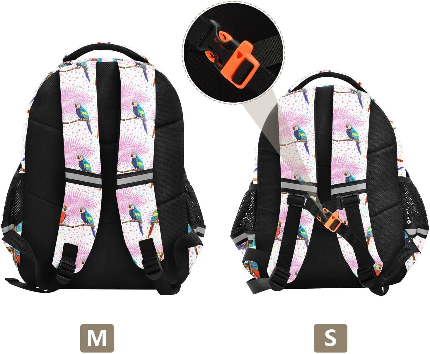 Tropical Parrots Kids Backpack with Reflective Strips Adjustable 16L Lightweight School Bag for Boys Girls