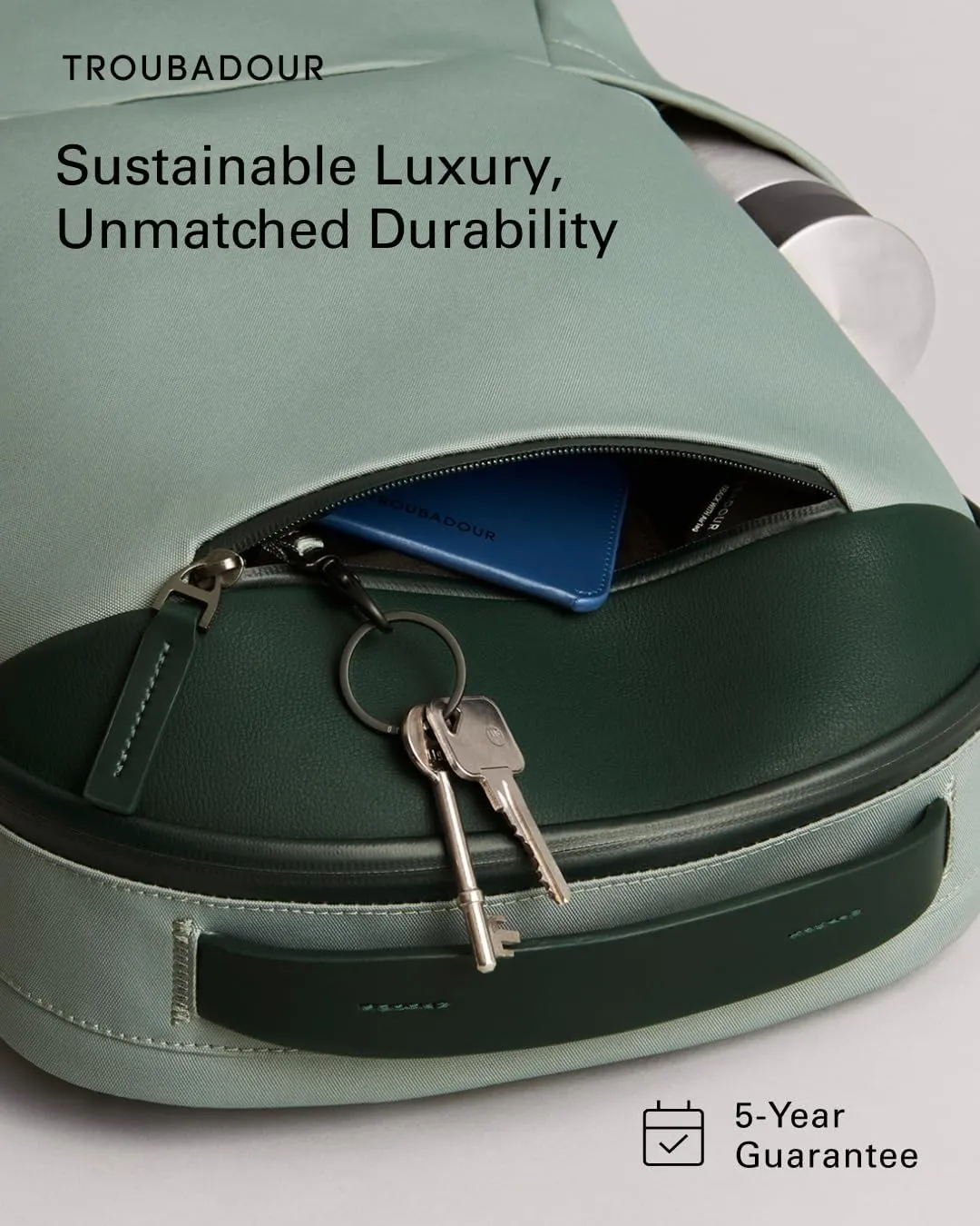 Troubadour Apex Backpack 3.0 - Premium Waterproof Laptop Backpack Fits Up to 17" - Ergonomic Design for Work and Travel - Stylish Backpack with 5-Year Guarantee - Green Smoke & Obsidian Green