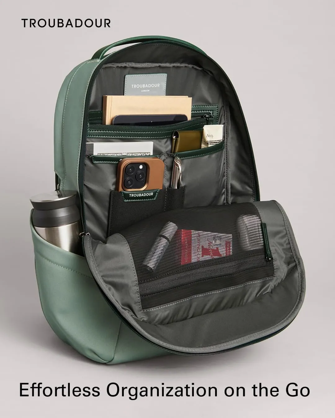 Troubadour Apex Backpack 3.0 - Premium Waterproof Laptop Backpack Fits Up to 17" - Ergonomic Design for Work and Travel - Stylish Backpack with 5-Year Guarantee - Green Smoke & Obsidian Green
