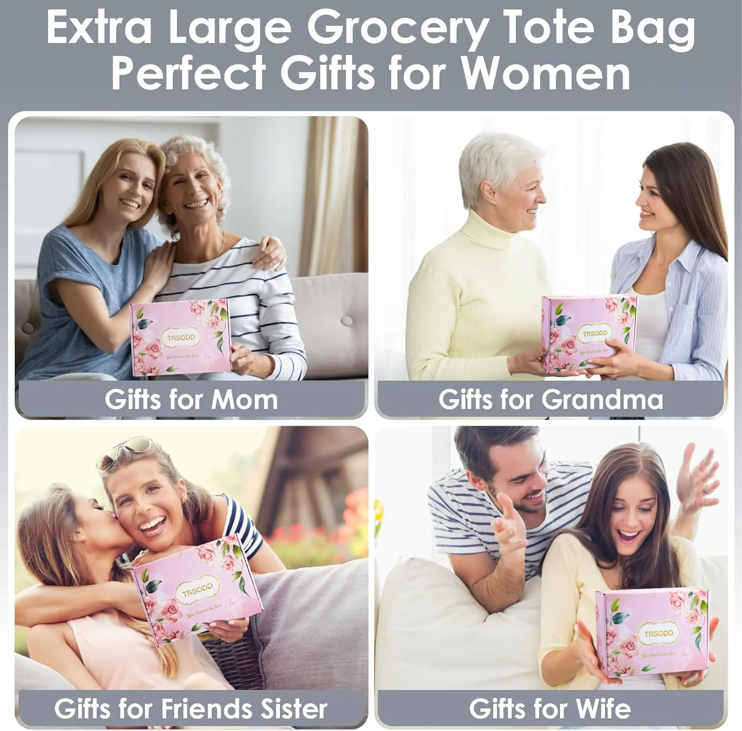 TRSODD Reusable Grocery Shopping Bags 10 Gallon Foldable Extra Large Utility Tote Bag Storage with Zipper and Handle Mothers Day Gifts for Mom Grandma Women
