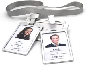 Tueascallk Aluminium Alloy Badge Holder with a Removable Clip and Lanyard, Dual Transparent Side, Silvery, 4 Sets