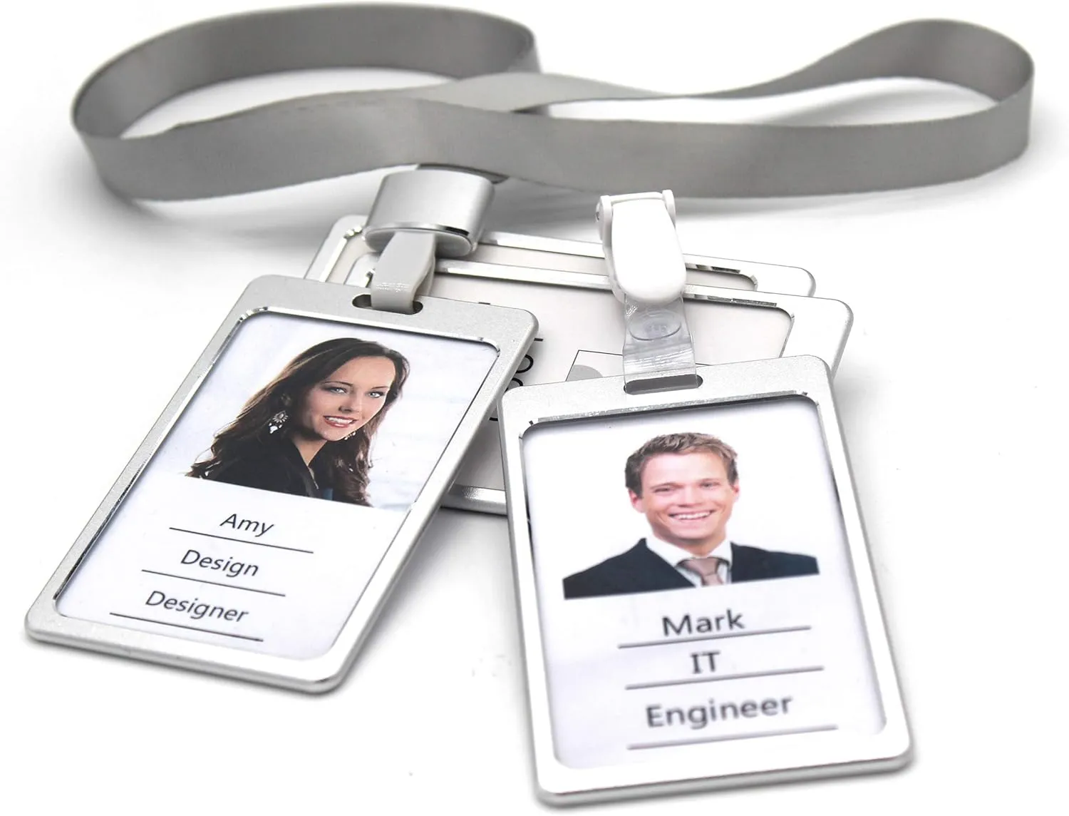 Tueascallk Aluminium Alloy Badge Holder with a Removable Clip and Lanyard, Dual Transparent Side, Silvery, 4 Sets