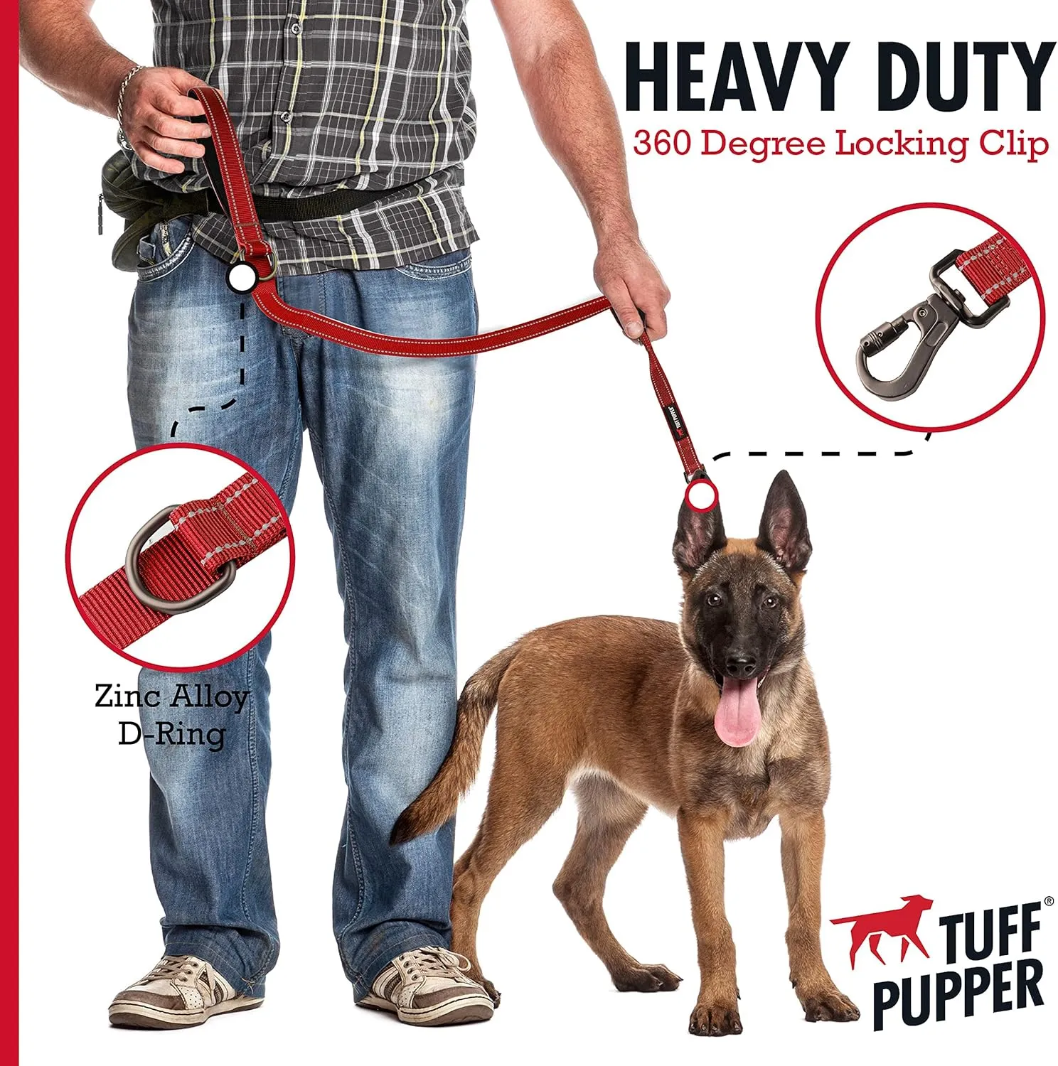 Tuff Pupper Heavy Duty Double Handle Dog Leash | Twist Locking Carabiner Dog Clip | Safety Lock Leash To Hold Strong Dogs | Reflective For Safe Night Walks | 6 Foot Dog Leash | For Medium & Large Dogs