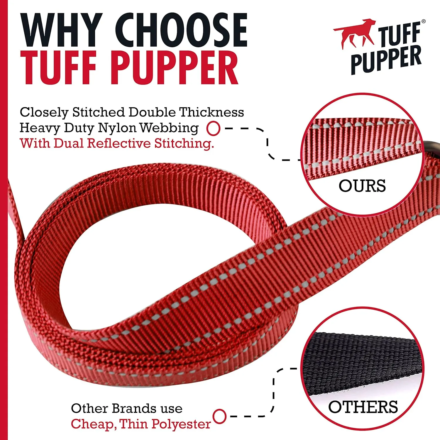 Tuff Pupper Heavy Duty Double Handle Dog Leash | Twist Locking Carabiner Dog Clip | Safety Lock Leash To Hold Strong Dogs | Reflective For Safe Night Walks | 6 Foot Dog Leash | For Medium & Large Dogs