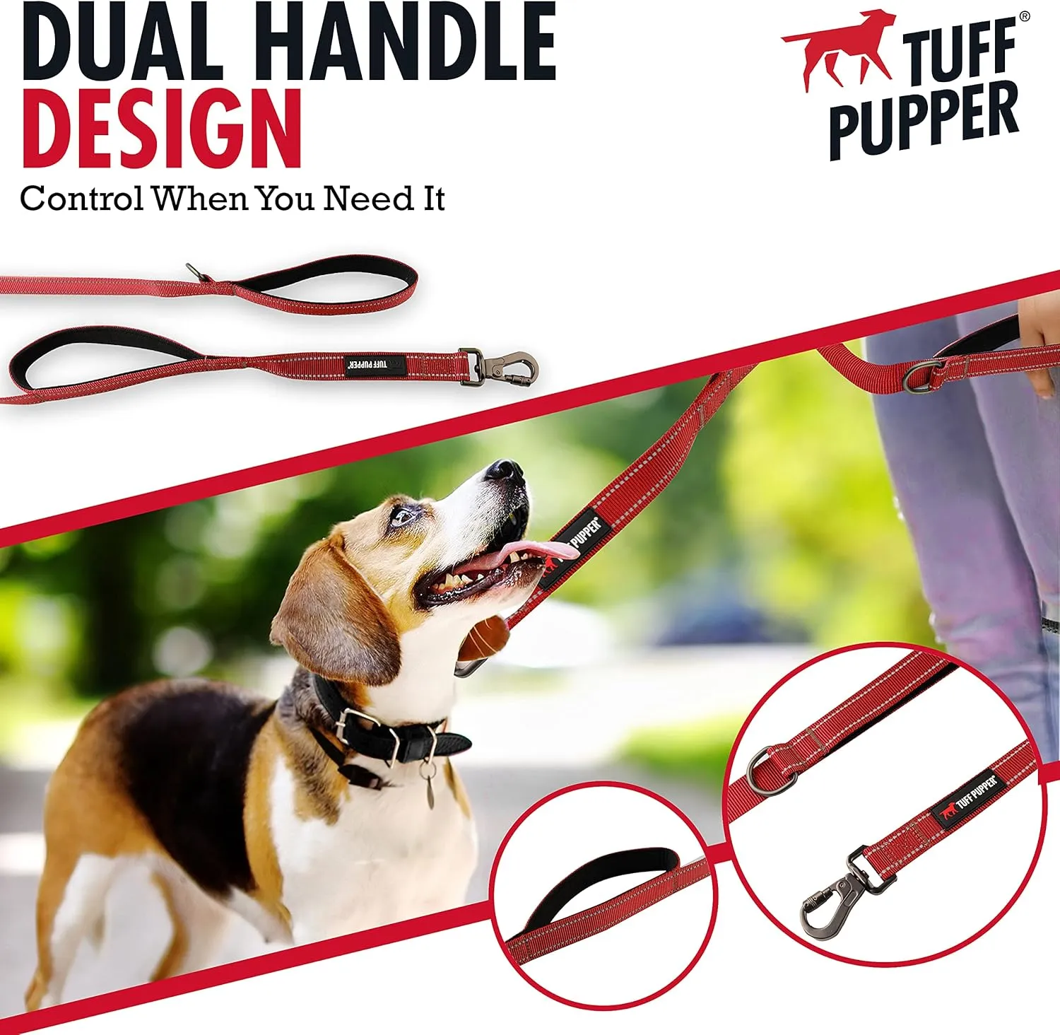 Tuff Pupper Heavy Duty Double Handle Dog Leash | Twist Locking Carabiner Dog Clip | Safety Lock Leash To Hold Strong Dogs | Reflective For Safe Night Walks | 6 Foot Dog Leash | For Medium & Large Dogs
