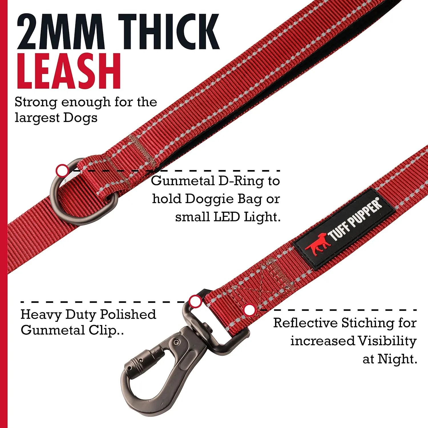 Tuff Pupper Heavy Duty Double Handle Dog Leash | Twist Locking Carabiner Dog Clip | Safety Lock Leash To Hold Strong Dogs | Reflective For Safe Night Walks | 6 Foot Dog Leash | For Medium & Large Dogs