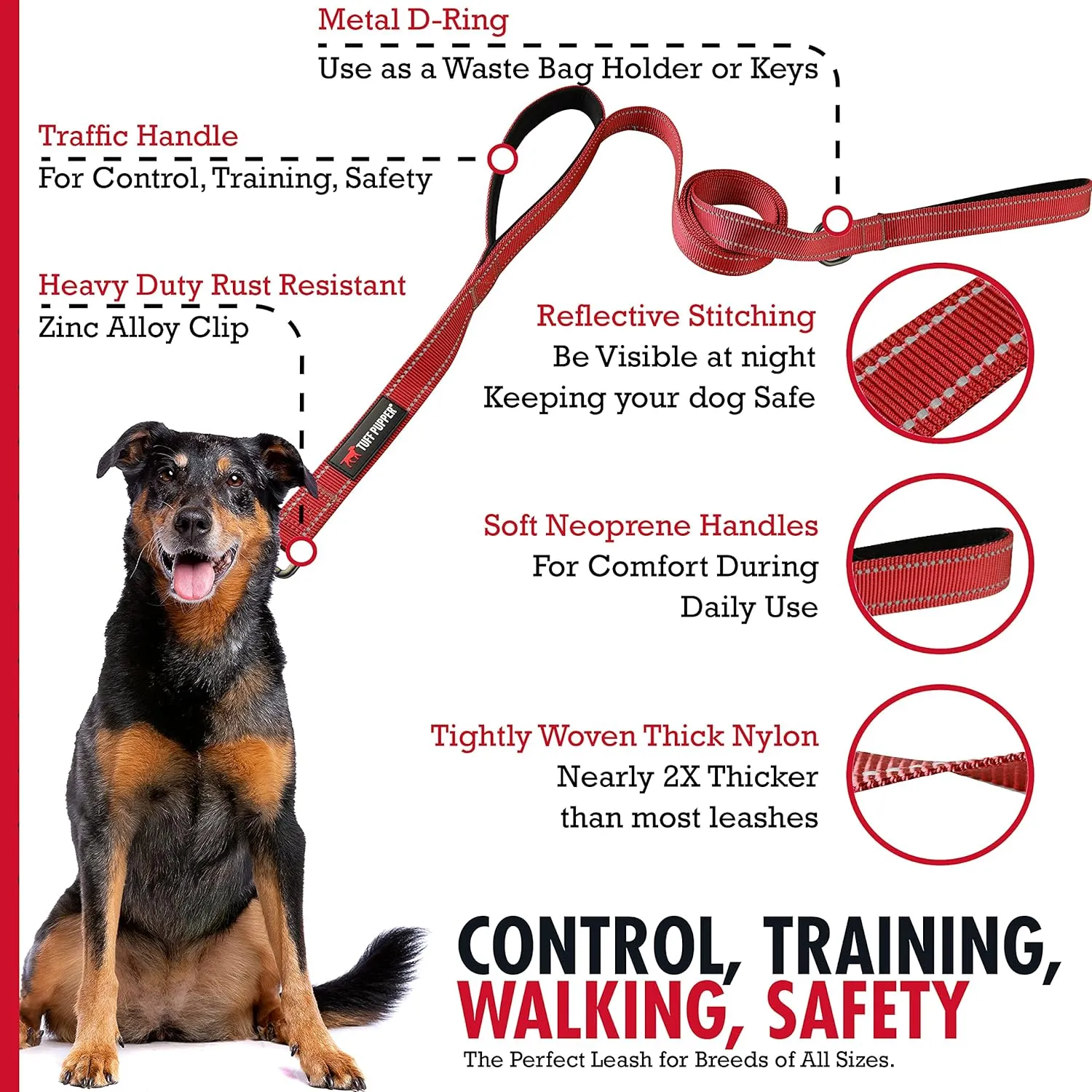 Tuff Pupper Heavy Duty Double Handle Dog Leash | Twist Locking Carabiner Dog Clip | Safety Lock Leash To Hold Strong Dogs | Reflective For Safe Night Walks | 6 Foot Dog Leash | For Medium & Large Dogs