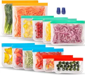 U-miss Reusable Storage Bags, BPA -Free & Freezer Bags, Leakproof Storage Bag for Food, Travel, Home Organization (12 Pack - 2 Gallon 4 Sandwich 4 lunch 2 Snack)