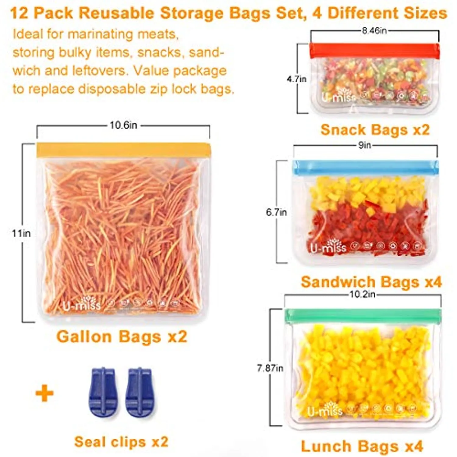 U-miss Reusable Storage Bags, BPA -Free & Freezer Bags, Leakproof Storage Bag for Food, Travel, Home Organization (12 Pack - 2 Gallon 4 Sandwich 4 lunch 2 Snack)