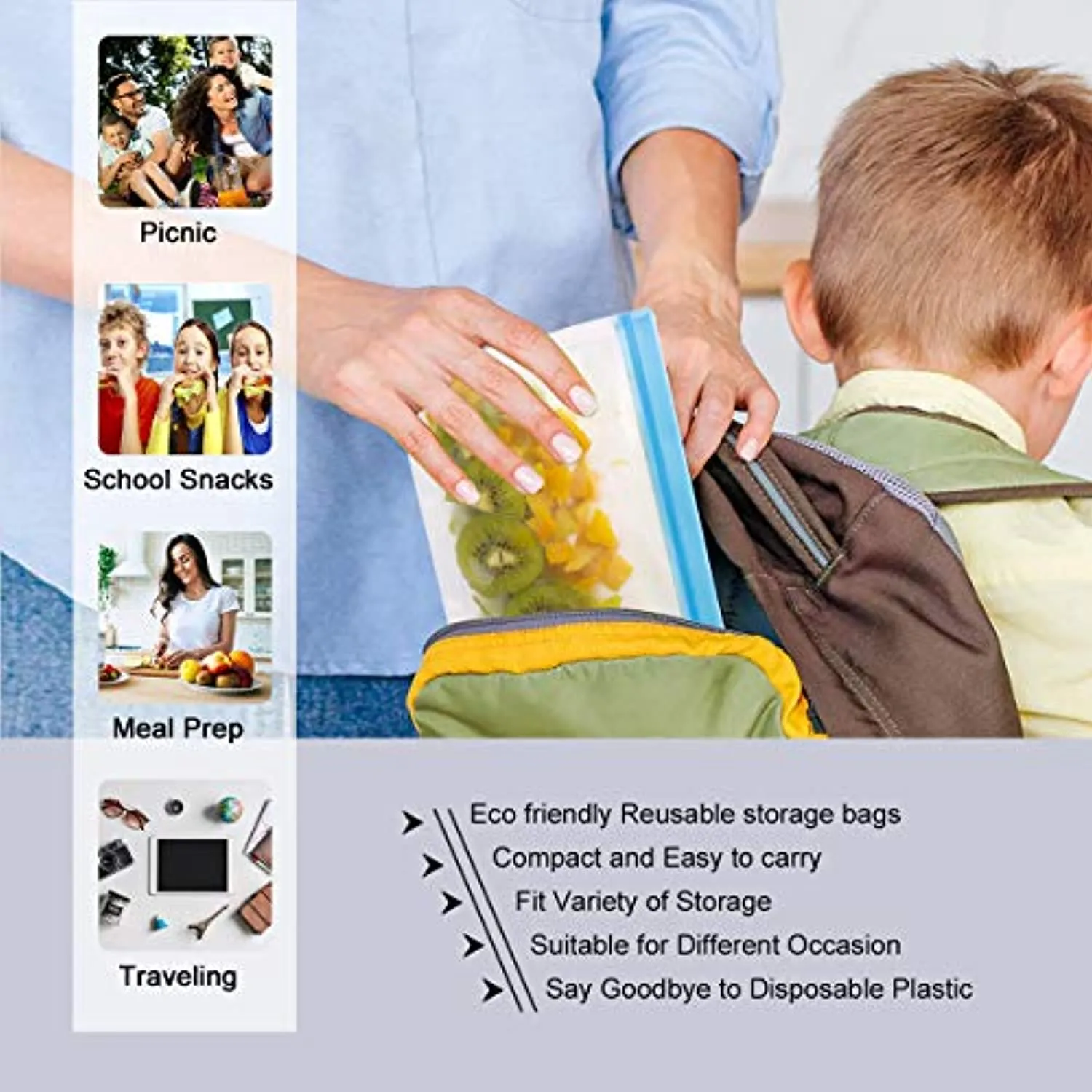 U-miss Reusable Storage Bags, BPA -Free & Freezer Bags, Leakproof Storage Bag for Food, Travel, Home Organization (12 Pack - 2 Gallon 4 Sandwich 4 lunch 2 Snack)