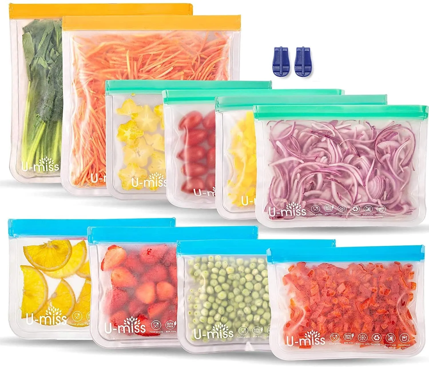 U-miss Reusable Storage Bags, BPA -Free & Freezer Bags, Leakproof Storage Bag for Food, Travel, Home Organization (12 Pack - 2 Gallon 4 Sandwich 4 lunch 2 Snack)