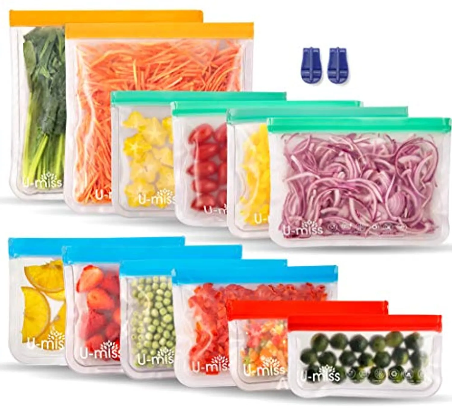 U-miss Reusable Storage Bags, BPA -Free & Freezer Bags, Leakproof Storage Bag for Food, Travel, Home Organization (12 Pack - 2 Gallon 4 Sandwich 4 lunch 2 Snack)