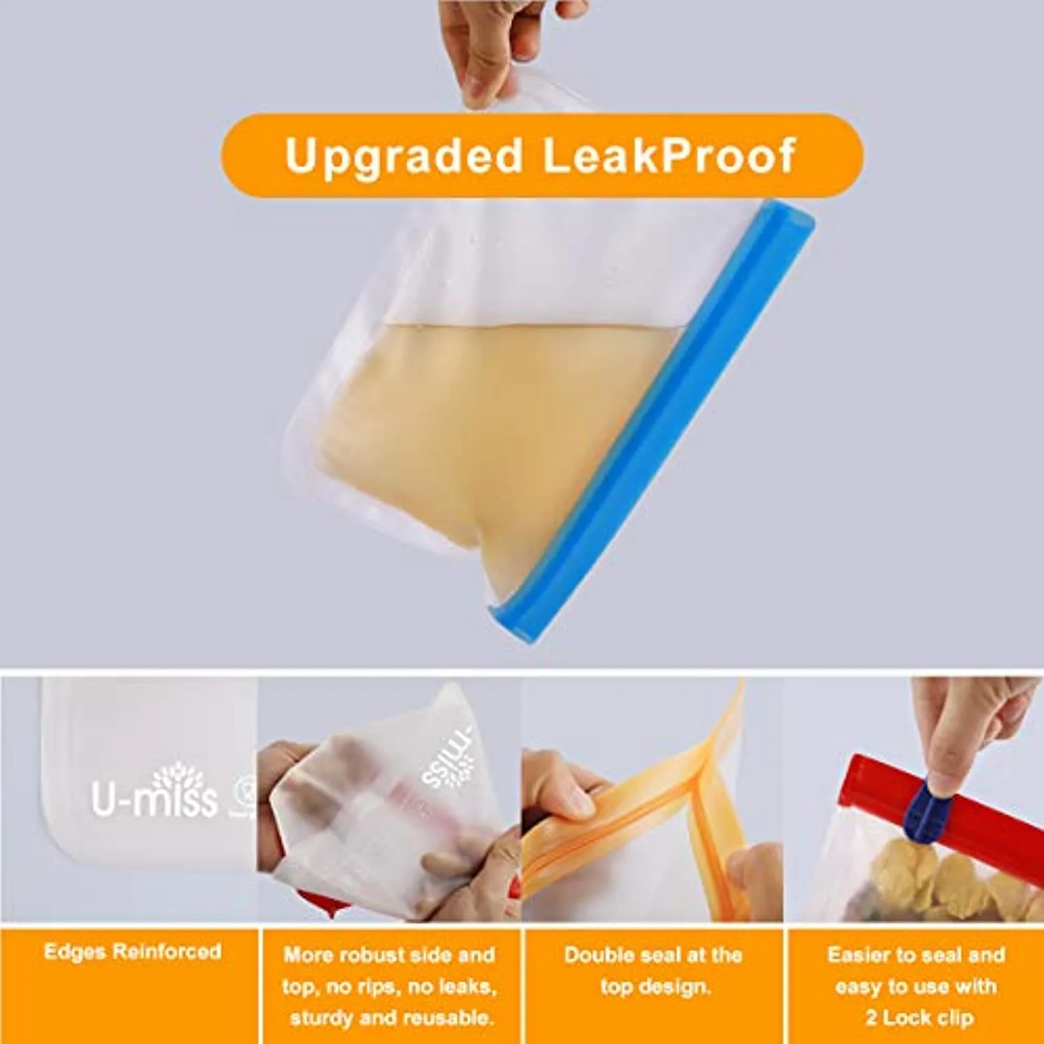 U-miss Reusable Storage Bags, BPA -Free & Freezer Bags, Leakproof Storage Bag for Food, Travel, Home Organization (12 Pack - 2 Gallon 4 Sandwich 4 lunch 2 Snack)