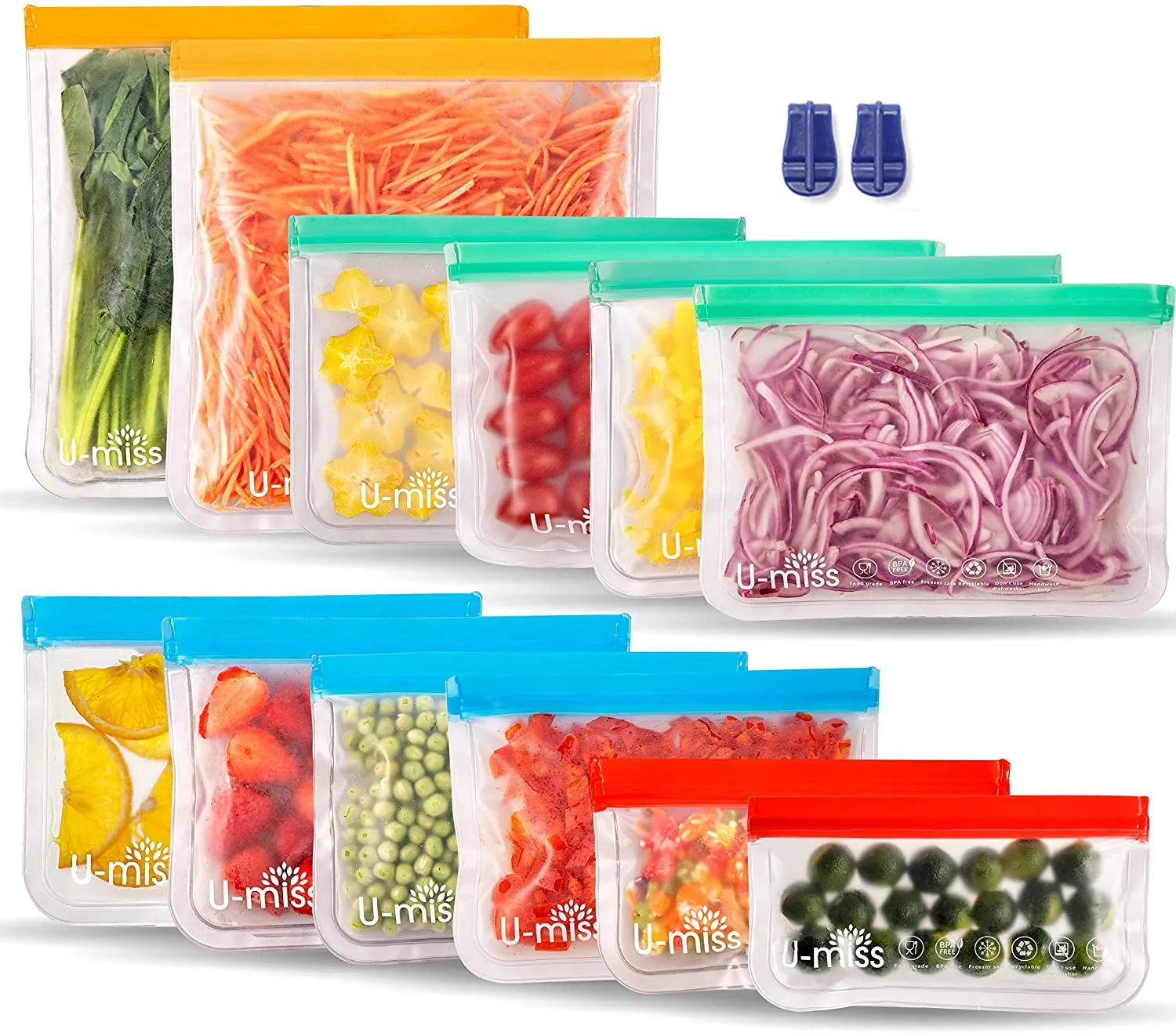 U-miss Reusable Storage Bags, BPA -Free & Freezer Bags, Leakproof Storage Bag for Food, Travel, Home Organization (12 Pack - 2 Gallon 4 Sandwich 4 lunch 2 Snack)