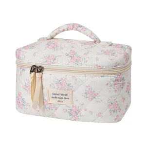uekeboag Large Travel Quilted Makeup Bag for Women, Floral Cotton Cosmetic Bag, Coquette Aesthetic Floral Toiletry Organizer Bag (07PinkRose)