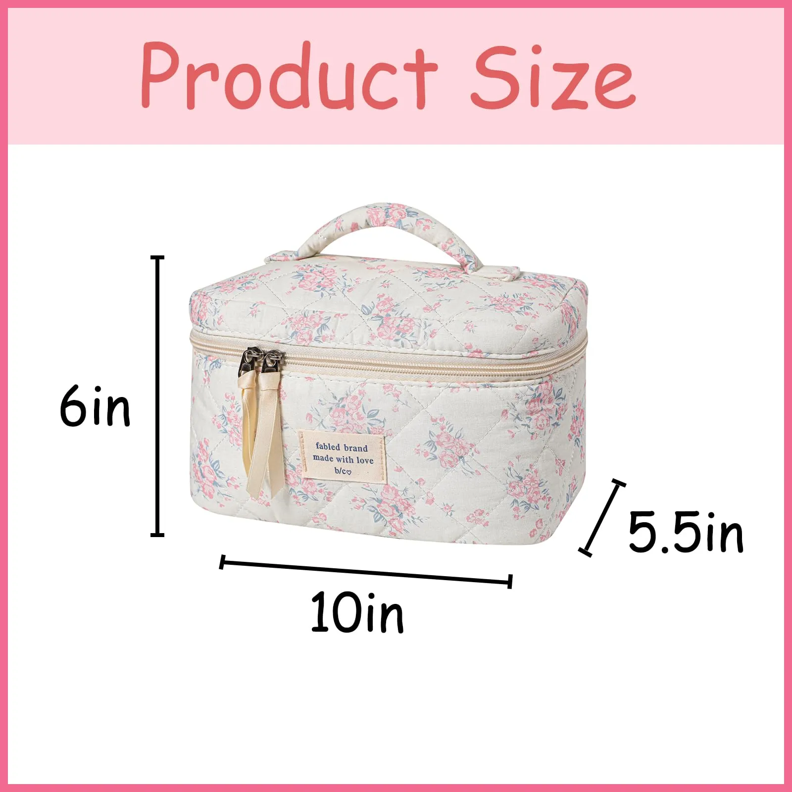 uekeboag Large Travel Quilted Makeup Bag for Women, Floral Cotton Cosmetic Bag, Coquette Aesthetic Floral Toiletry Organizer Bag (07PinkRose)