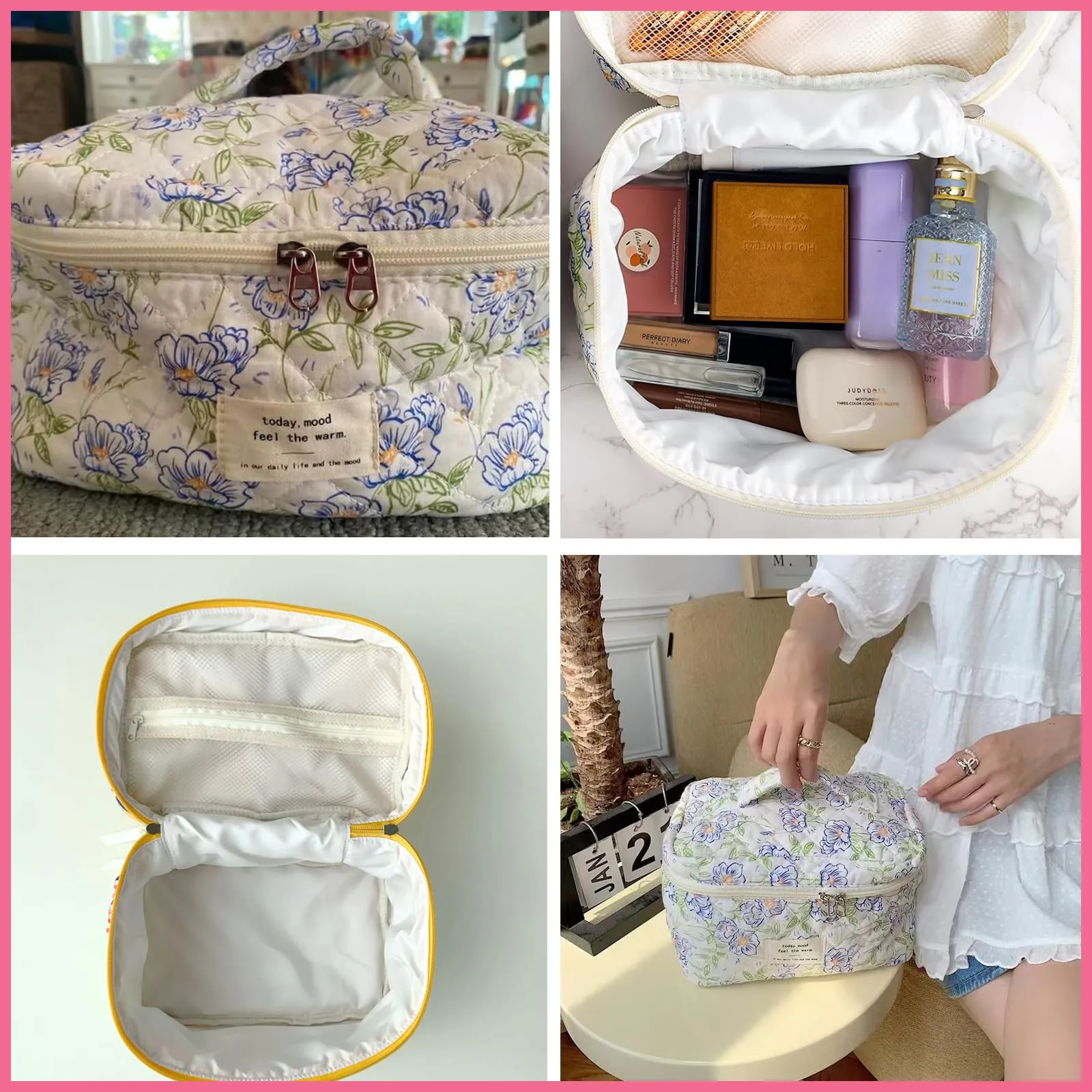 uekeboag Large Travel Quilted Makeup Bag for Women, Floral Cotton Cosmetic Bag, Coquette Aesthetic Floral Toiletry Organizer Bag(Little Blue Flower