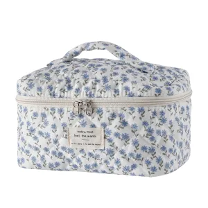 uekeboag Large Travel Quilted Makeup Bag for Women, Floral Cotton Cosmetic Bag, Coquette Aesthetic Floral Toiletry Organizer Bag(Little Blue Flower