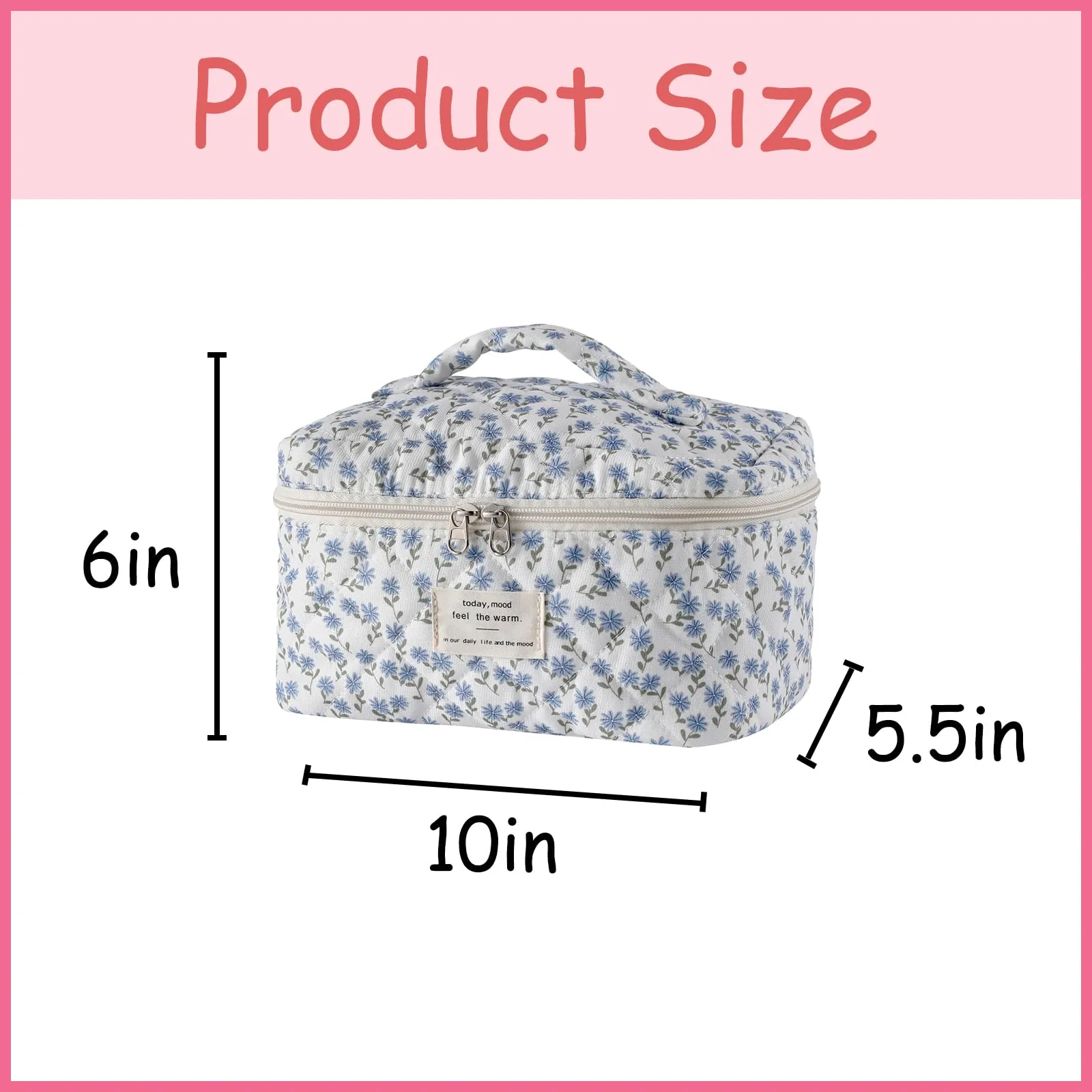 uekeboag Large Travel Quilted Makeup Bag for Women, Floral Cotton Cosmetic Bag, Coquette Aesthetic Floral Toiletry Organizer Bag(Little Blue Flower