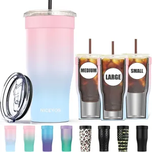 Universal Iced Coffee Sleeve - Upgraded Double Wall Reusable Stainless Steel Holder Sleeves Insulator for Cold Drinks Fits Starbucks Dunkin Donuts McDonalds Small Medium Large Cup (Pink Blue)