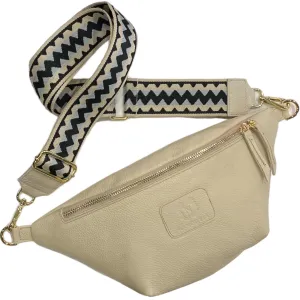 Vanilla leather belt bag with blue strap