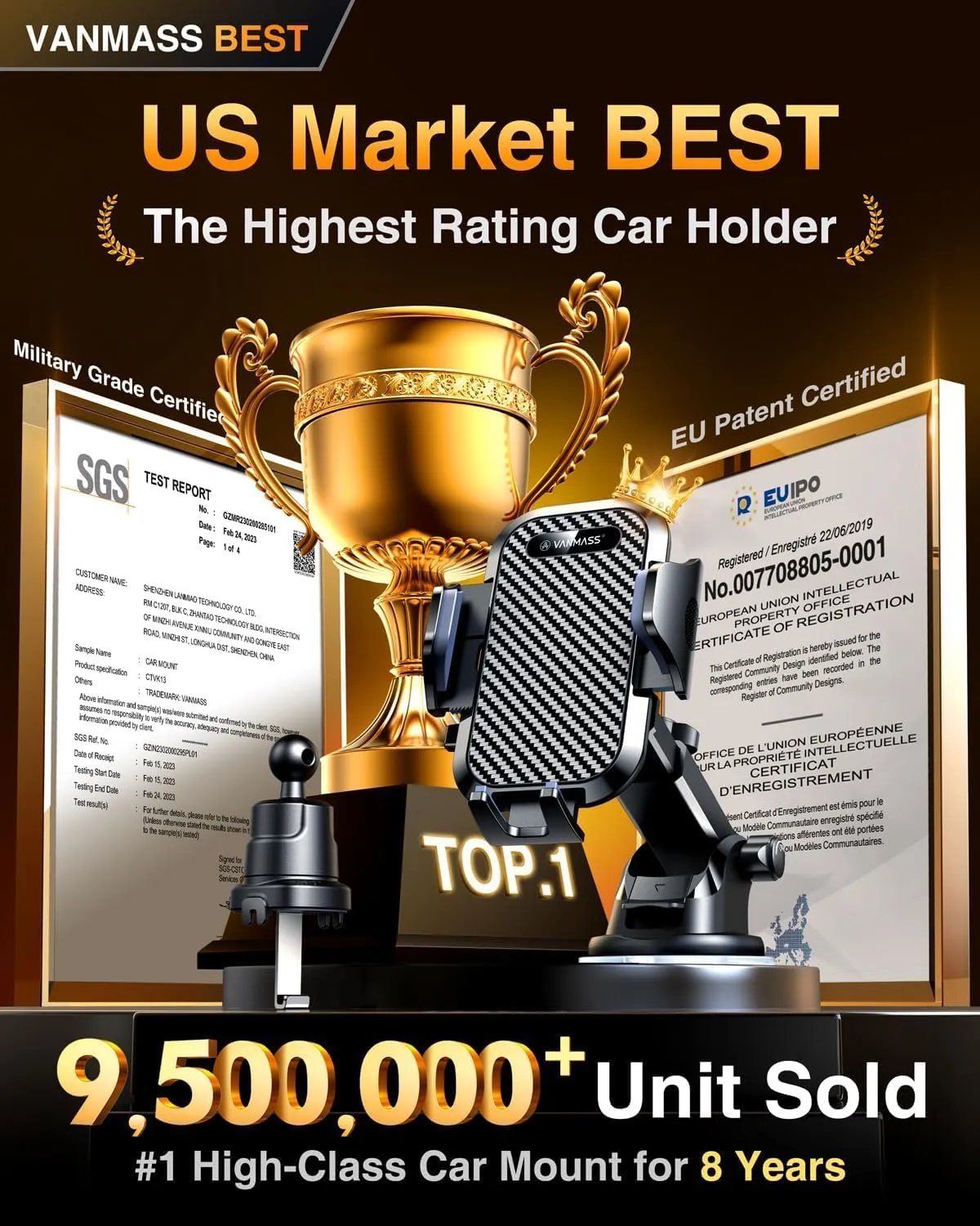 VANMASS Car Phone Holder 2025 Ultimate Military-Grade Phone Holder for Your Car Windshield Dashboard【Newest Best Strongest】 Cell Phone Car Mount with Patent & Safety Certs for iPhone Samsung Android