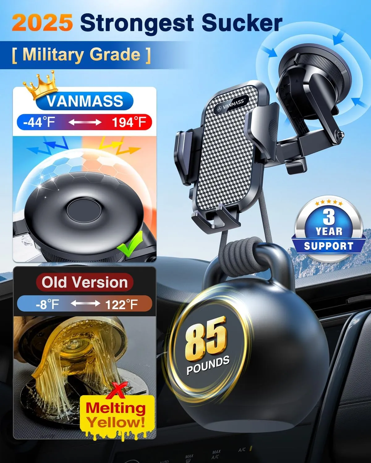 VANMASS Car Phone Holder 2025 Ultimate Military-Grade Phone Holder for Your Car Windshield Dashboard【Newest Best Strongest】 Cell Phone Car Mount with Patent & Safety Certs for iPhone Samsung Android
