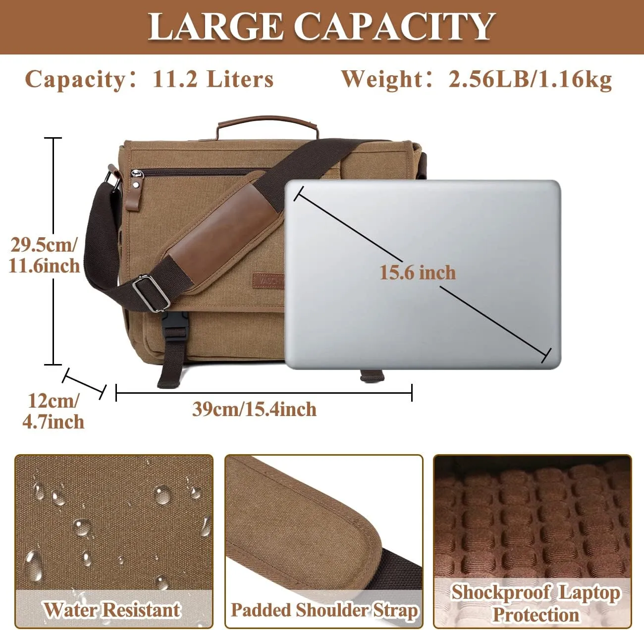 VASCHY Messenger Bag for Men,Canvas Briefcases 15.6in Laptop Bag Crossbody Satchel Computer Bags for Work Office Women