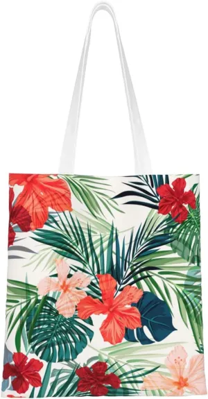 Vegetation Leaves with Hibiscus Flowers Print Reusable Shoulder Bag Totes Bag for Vacation Shopping Grocery Gym Fabric Bag Tote
