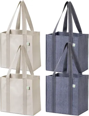 VENO 4 Pack Reusable Grocery Bags Shopping Bags, Small Tote Bag w/Handle & Hard Bottom, Heavy Duty, Foldable Bag Carrier - Beige&Gray