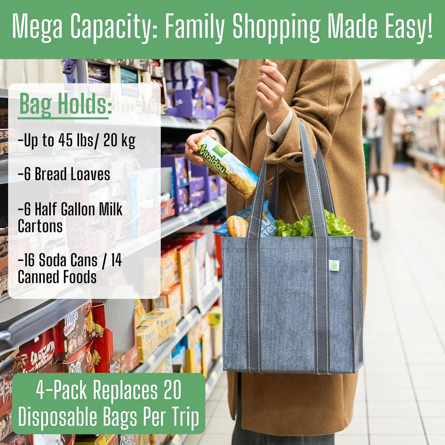 VENO 4 Pack Reusable Grocery Bags Shopping Bags, Small Tote Bag w/Handle & Hard Bottom, Heavy Duty, Foldable Bag Carrier - Beige&Gray