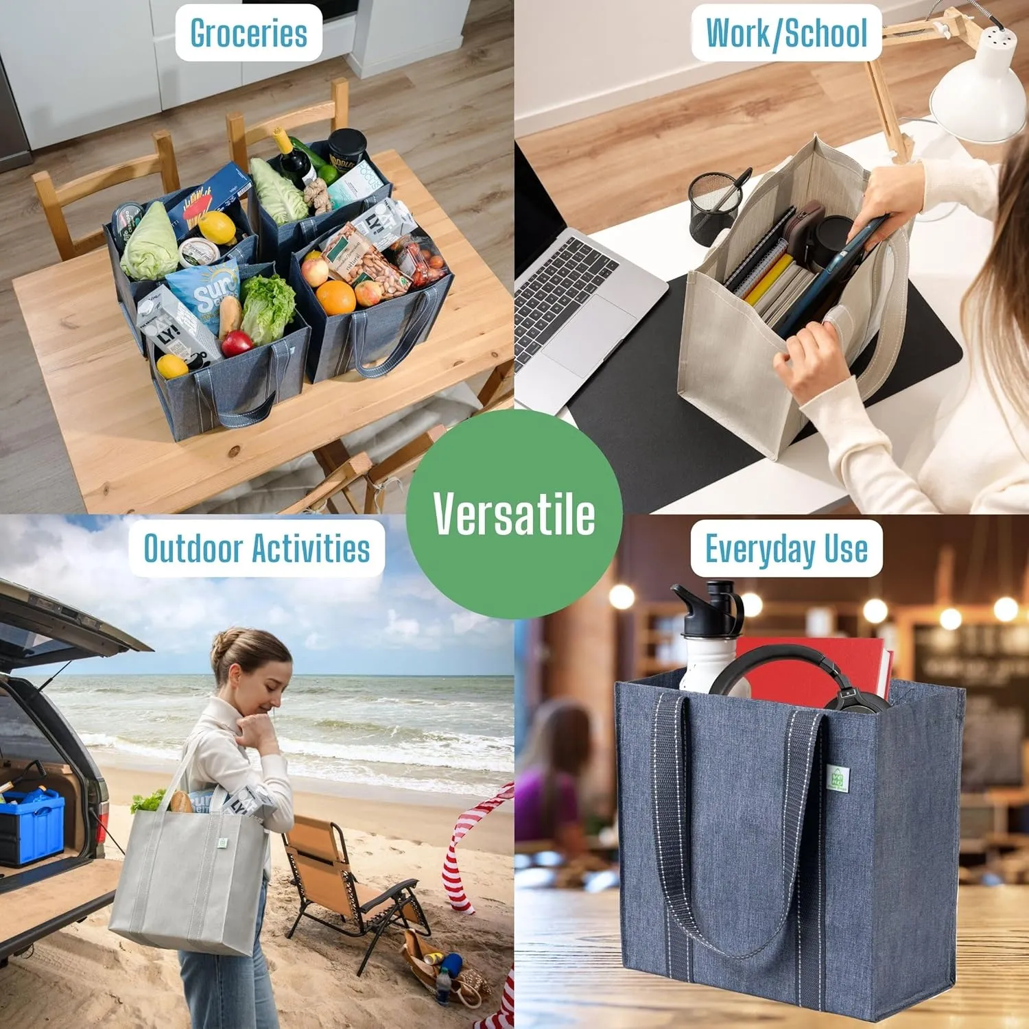 VENO 4 Pack Reusable Grocery Bags Shopping Bags, Small Tote Bag w/Handle & Hard Bottom, Heavy Duty, Foldable Bag Carrier - Beige&Gray