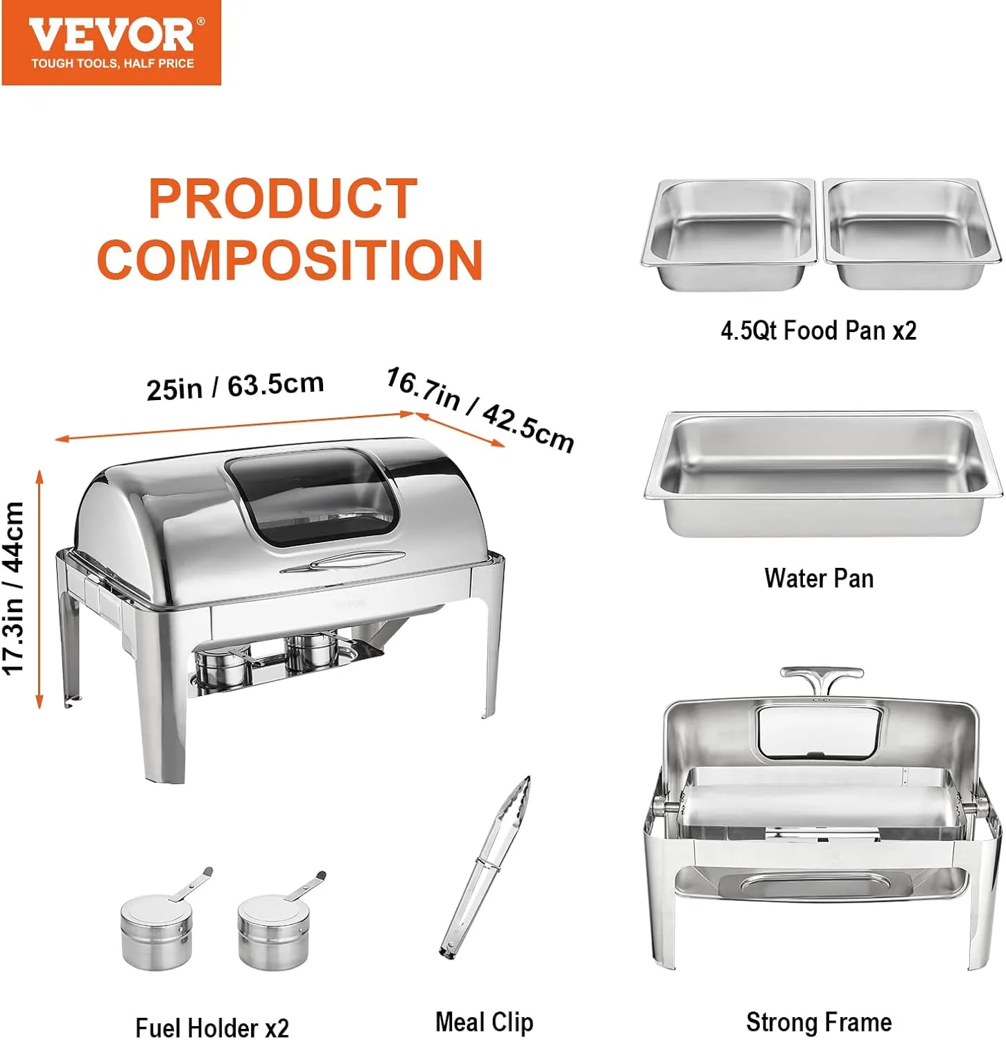 VEVOR Roll Top Chafing Dish Buffet Set, 9 Qt, Stainless Steel Chafer with 2 Half Size Pans, Rectangle Catering Warmer Server with Visible Lid Water Pan Stand Fuel Holder Clip, for at Least 9 People