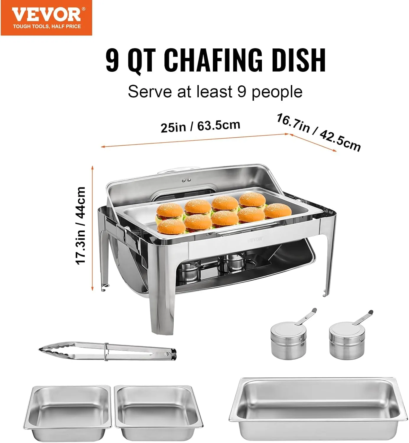 VEVOR Roll Top Chafing Dish Buffet Set, 9 Qt, Stainless Steel Chafer with 2 Half Size Pans, Rectangle Catering Warmer Server with Visible Lid Water Pan Stand Fuel Holder Clip, for at Least 9 People
