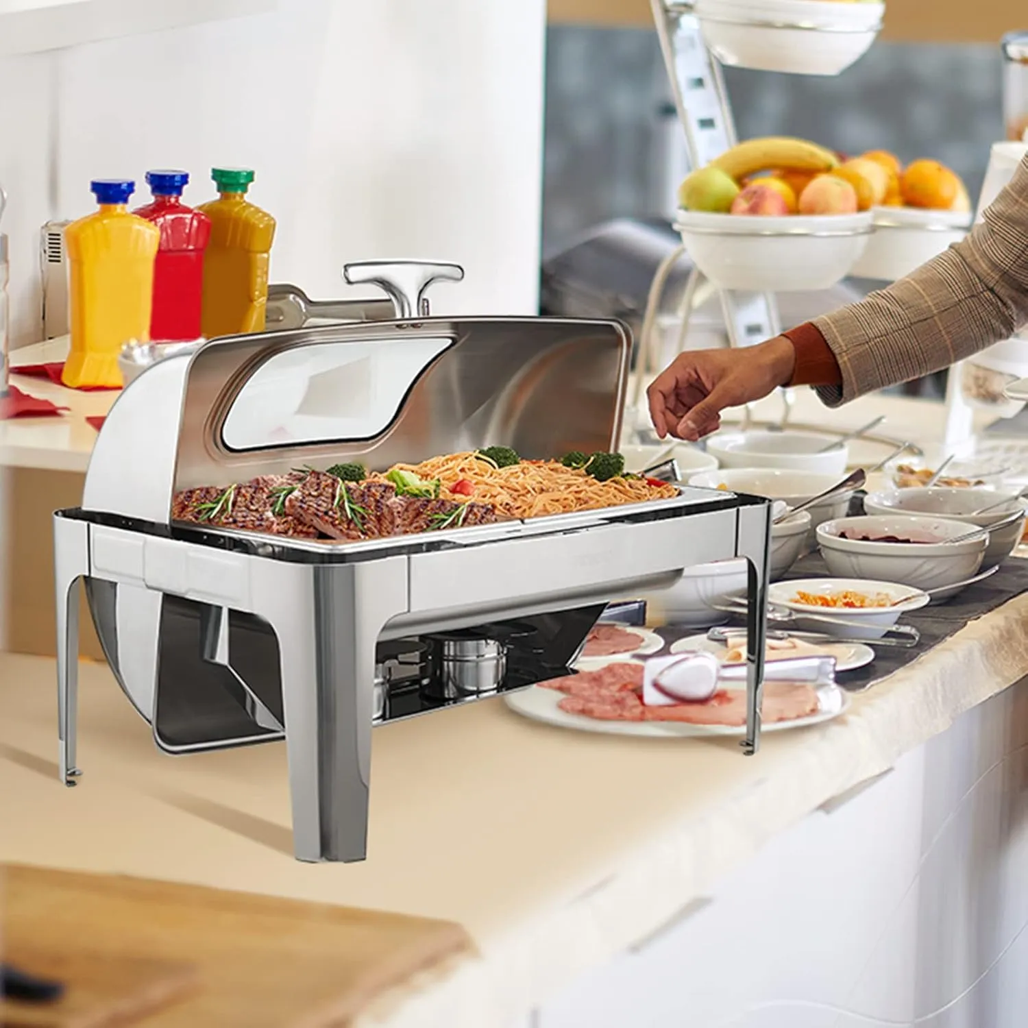 VEVOR Roll Top Chafing Dish Buffet Set, 9 Qt, Stainless Steel Chafer with 2 Half Size Pans, Rectangle Catering Warmer Server with Visible Lid Water Pan Stand Fuel Holder Clip, for at Least 9 People