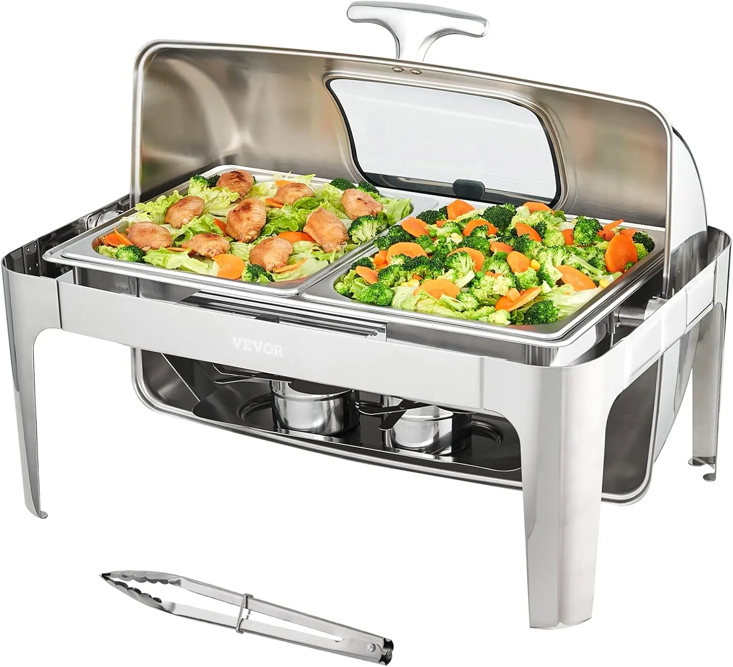 VEVOR Roll Top Chafing Dish Buffet Set, 9 Qt, Stainless Steel Chafer with 2 Half Size Pans, Rectangle Catering Warmer Server with Visible Lid Water Pan Stand Fuel Holder Clip, for at Least 9 People