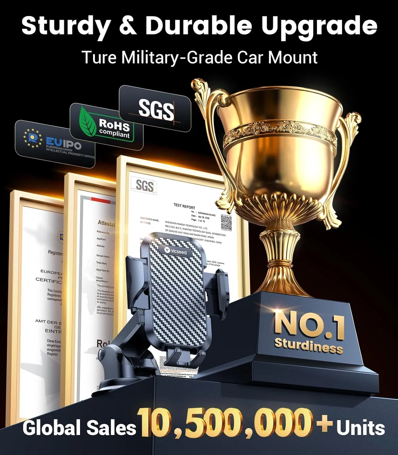 VICSEED True Military-Grade Phone Holders for Your Car [Upgraded 95 LBS Strongest Suction] Cell Phone Mount for Car Dashboard Windshield Vent Truck Boat Stand Adjustable for iPhone Android