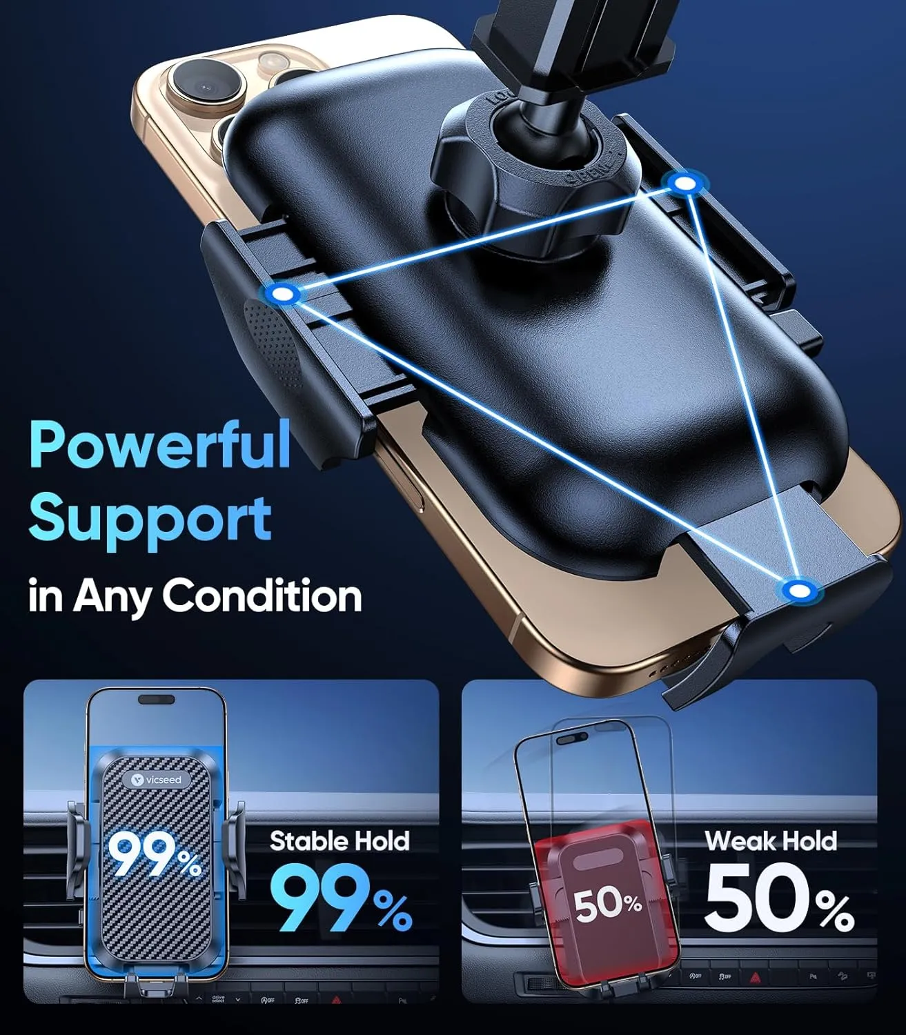 VICSEED True Military-Grade Phone Holders for Your Car [Upgraded 95 LBS Strongest Suction] Cell Phone Mount for Car Dashboard Windshield Vent Truck Boat Stand Adjustable for iPhone Android