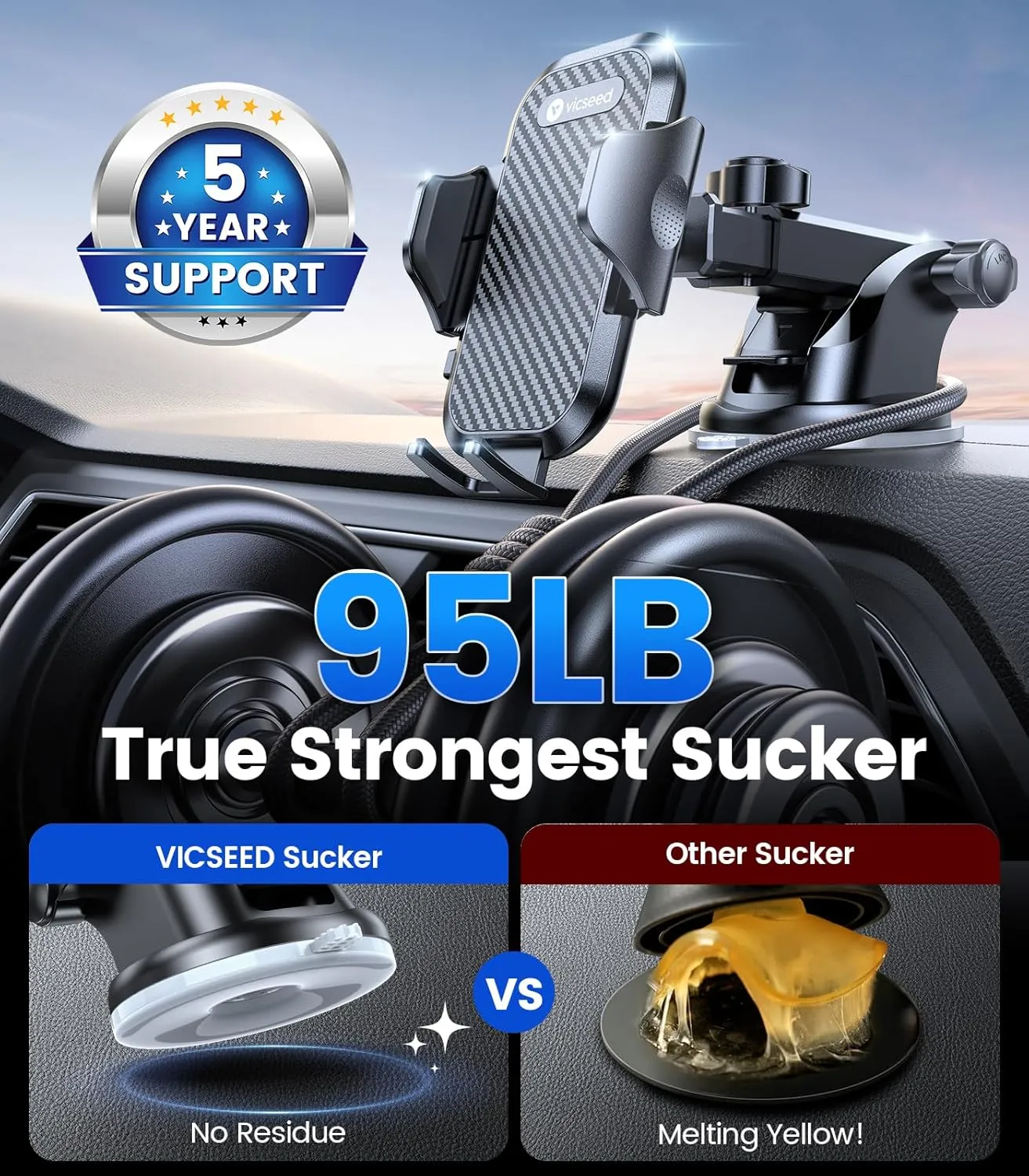 VICSEED True Military-Grade Phone Holders for Your Car [Upgraded 95 LBS Strongest Suction] Cell Phone Mount for Car Dashboard Windshield Vent Truck Boat Stand Adjustable for iPhone Android