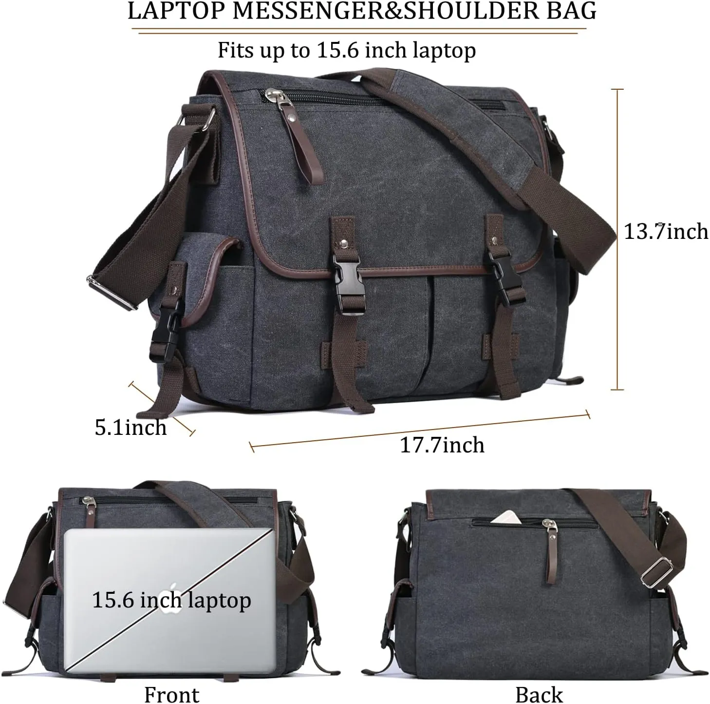 Vintage Canvas 15.6 inch Laptop Messenger Bag for Men Women, College Computer Satchel Shoulder Bag Travel Office Briefcases