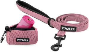 Voyager Reflective Dog Leash with Neoprene Handle, 5 FT. and Reusable Mesh Dispenser Poop Bag Holder Set for Travel, Walking, Park and Outdoor Use, Soft and Durable with Clip-On - Pink