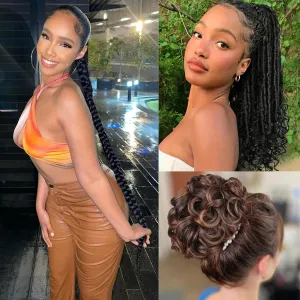 WIGER Natural Black 1B Coily Twisted Locs Ponytail   Drawstring DIY Pre Braided Ponytail   Ombre Brown Messy Updo Hair Bun 3 in 1 Hairpieces Kit for Women