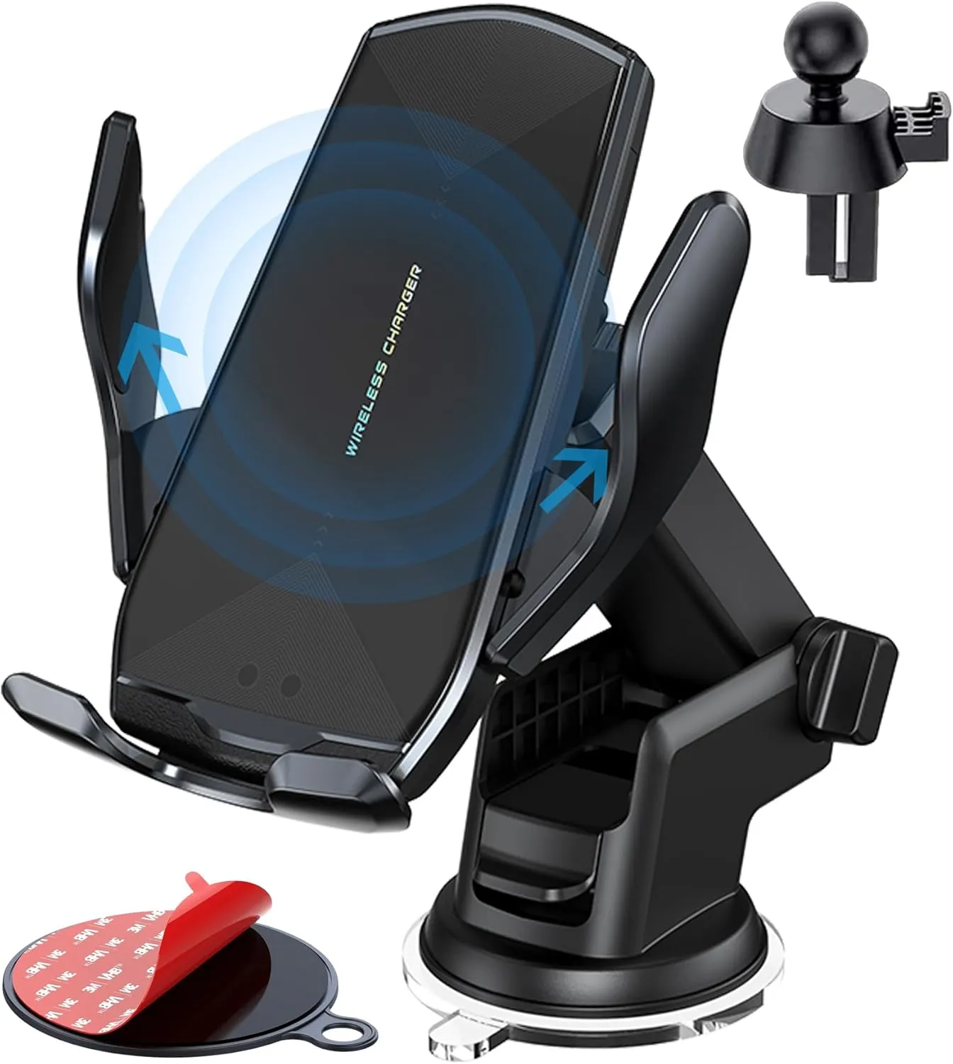Wireless Car Charger Mount, 15W Qi Fast Charging Auto-Clamping Cell Phone Car Holder ​Air Vent Windshield Dashboard Long Arm Suction Cup Car Phone Mount for iPhone13 /12/11 Samsung S20/S10/S9/S8 LG
