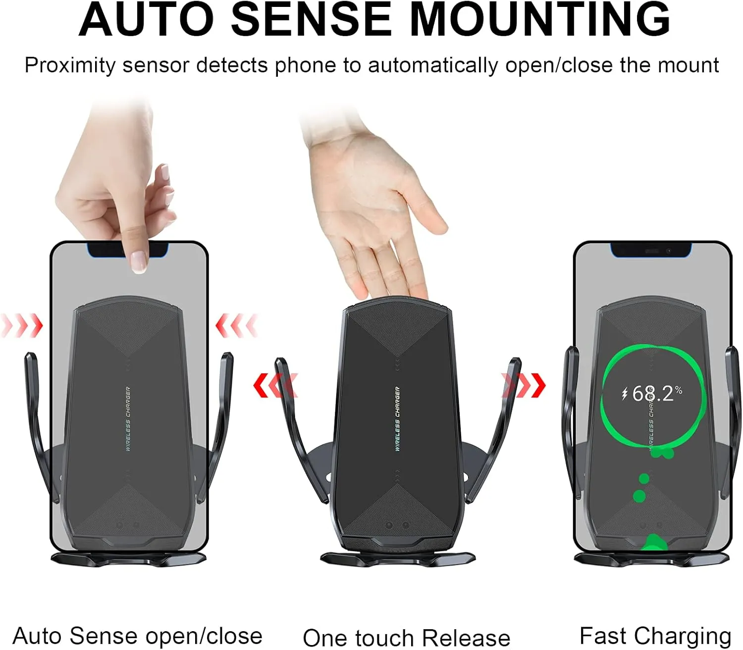 Wireless Car Charger Mount, 15W Qi Fast Charging Auto-Clamping Cell Phone Car Holder ​Air Vent Windshield Dashboard Long Arm Suction Cup Car Phone Mount for iPhone13 /12/11 Samsung S20/S10/S9/S8 LG