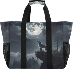 Wolf Moon Grey Tote Bag for Women with Zipper Large Beach Bags Foldable Totes Handbags Work Bag for Pool Gym Travel Grocery