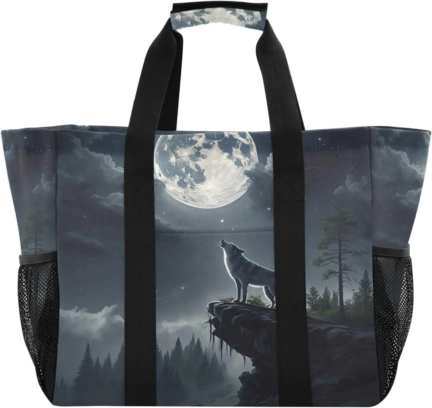Wolf Moon Grey Tote Bag for Women with Zipper Large Beach Bags Foldable Totes Handbags Work Bag for Pool Gym Travel Grocery