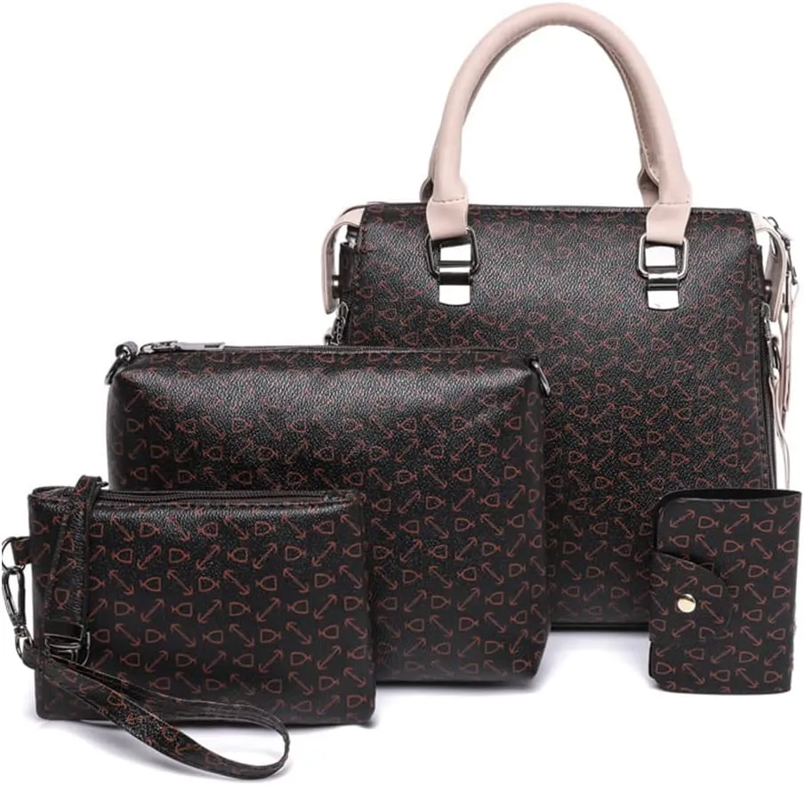 Women 4pcs Set Handbag and Purses Graffiti Shoulder Bag Vegan Leather Satchels