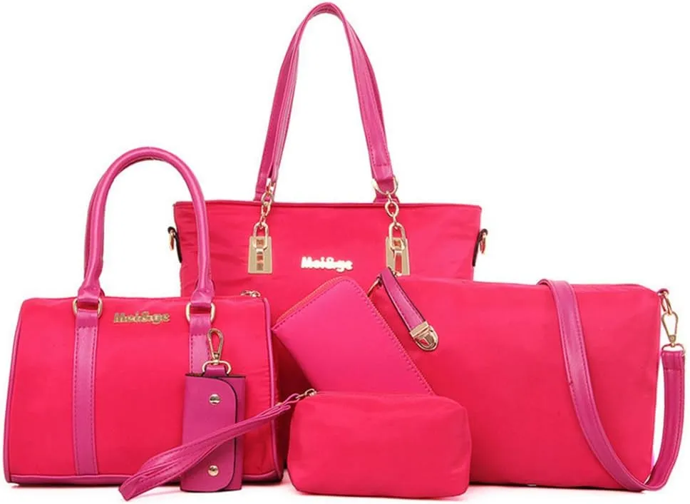 Women 6Pcs Handbag Set Purse Nylon Top Handle Shoulder Bag Tote Satchels Clutch
