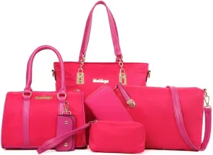Women 6Pcs Handbag Set Purse Nylon Top Handle Shoulder Bag Tote Satchels Clutch